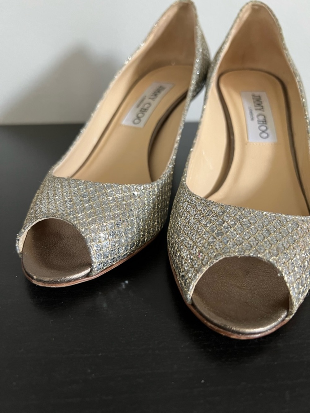 Jimmy Choo Isabel Champagne Glitter Open-Toe 2.5” Pumps Size 5 / 35 - Picture 7 of 16